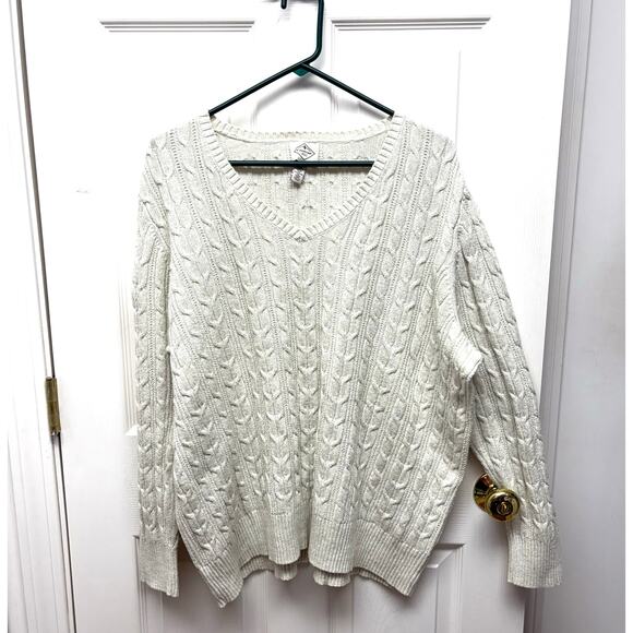St. John's Bay Cable Knit Sweater, Cream Pullover, Gold Metallic, Womens Size 3X - Picture 1 of 4